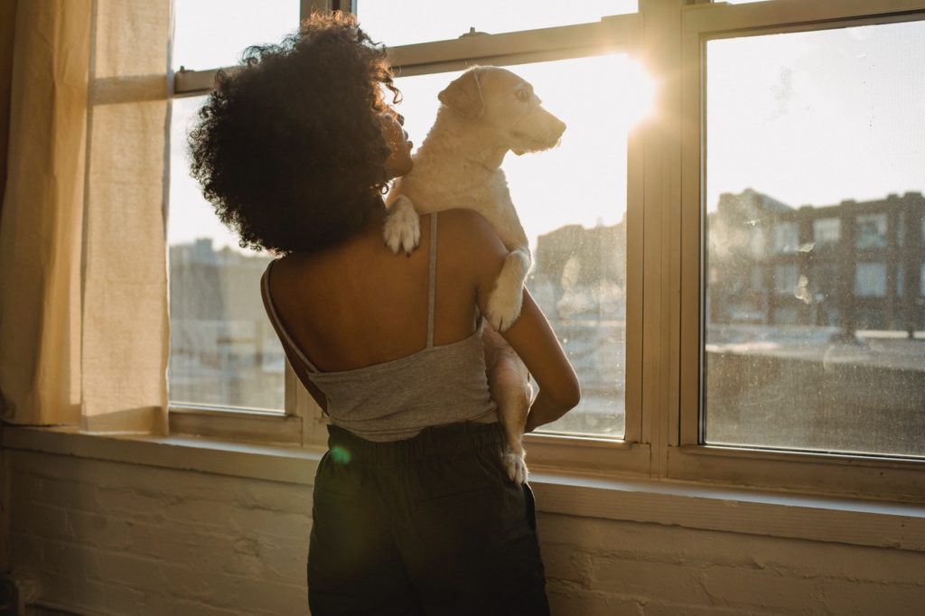 young black woman holds small dog and looks out a sunny city window