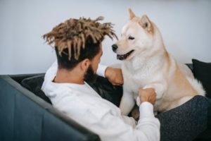 black man sits on couch with dog on his lap facing him playfully